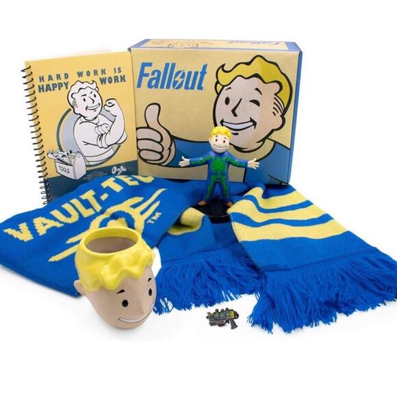FALLOUT COLLECTOR BOX 5 PIECES VAULT BOY PLANTER, VAULT TEC SCARF, PIN, FIGURINE - Picture 1 of 16